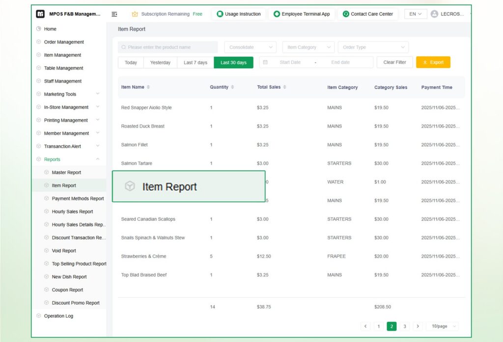 MPOS Item Report Feature -MPOS System dashboard interface